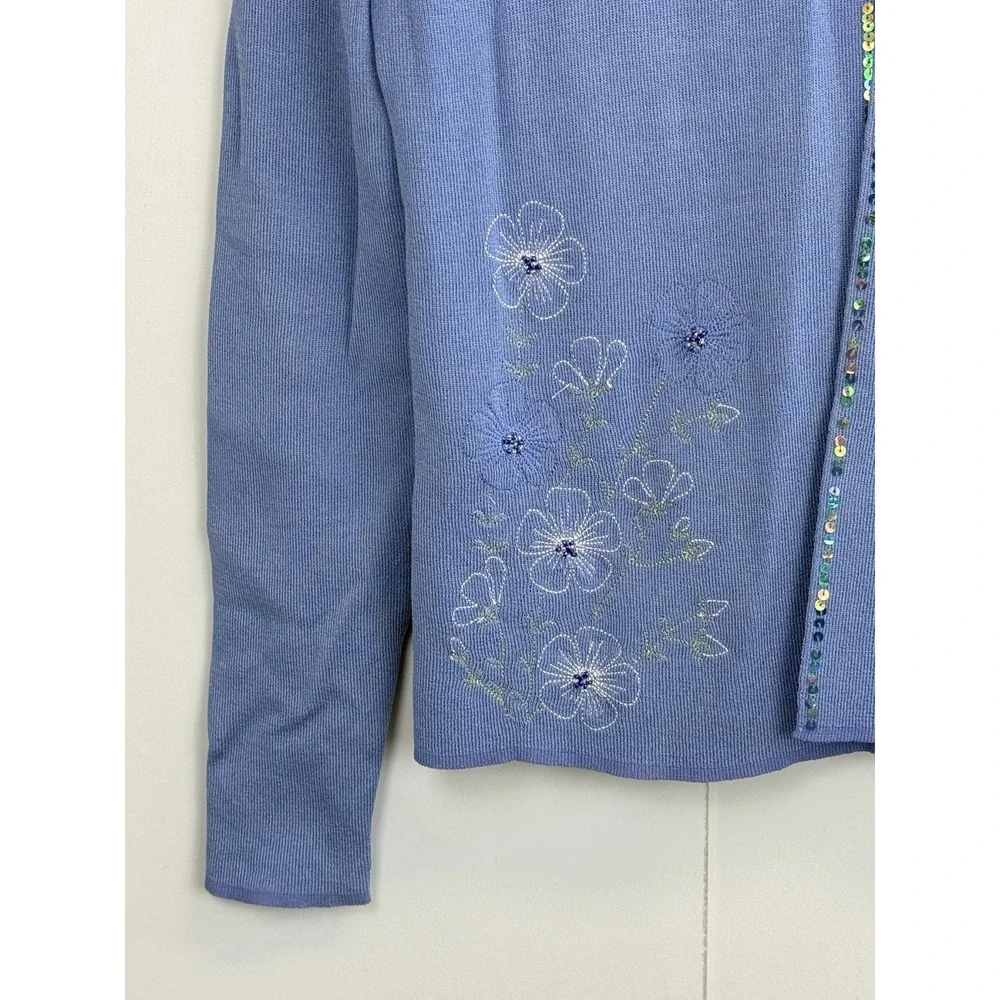 April Cornell‎ Retro Cardigan Embroidered Sequin Trim Sweater Women's S Blue